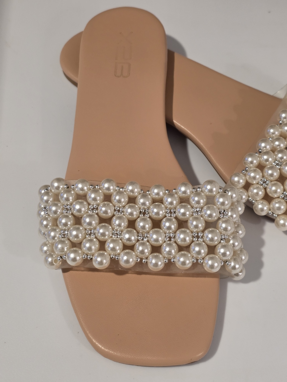 Pearl Embellished Nude Slide Sandals - Women